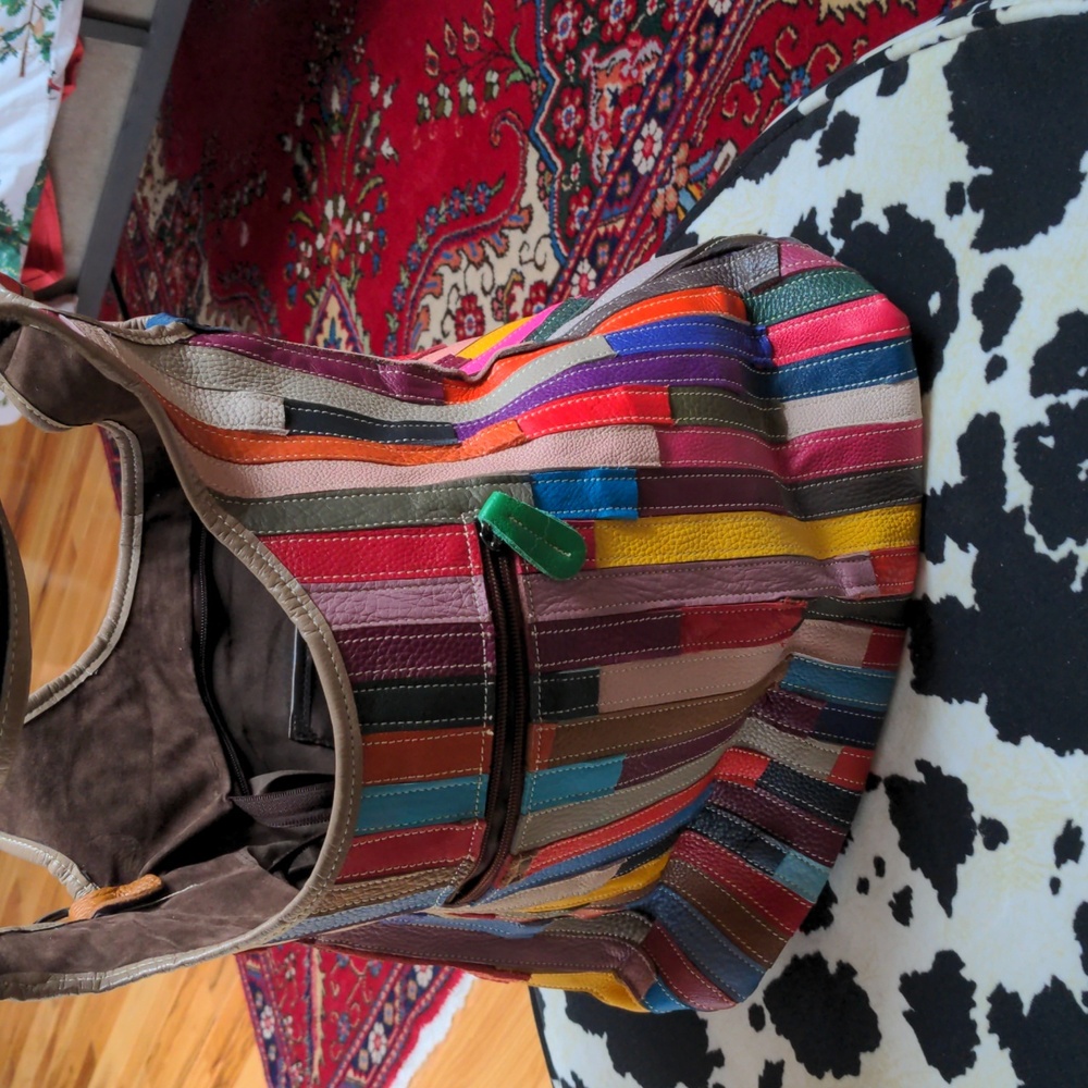 Multicolored Suede And Leather Patchwork Tote Bag. - image 2